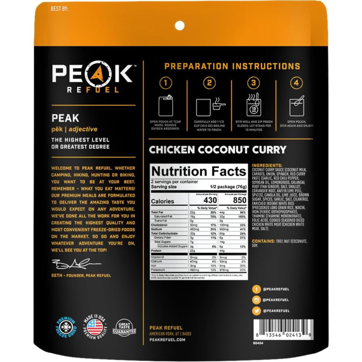 Peak Refuel Chicken Coconut Curry | Freeze Dried Backpacking and Camping Food | Amazing Taste & Quality | High Protein | Real Meat | Quick Prep (2 Serving Pouch)