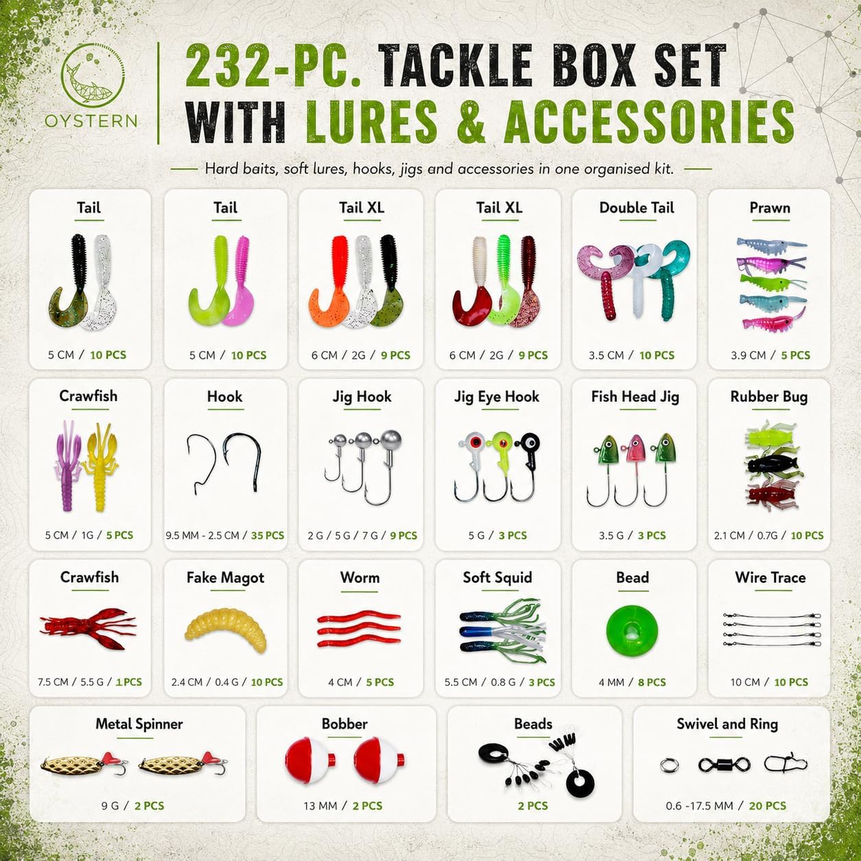 Fishing Kit - 232PCS Tackle Box with Lures, Spinner Baits & Accessories for Bass and Trout | Complete Gear Set
