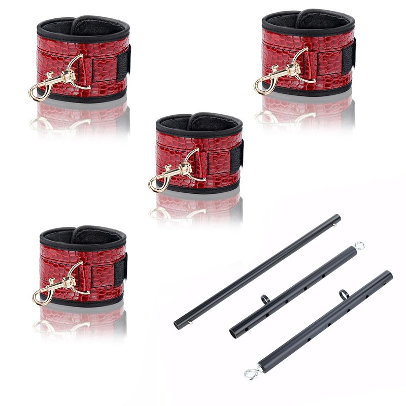 Spreader Bar Heavy Duty Stainless Steel Expandable Black Bar Home Gym with 4pcs Furry Crocodile Pattern Red Adjustable Strap,Sports Aid Training Fitness Gear Pilates Aid Kit,Indoor Yoga Set