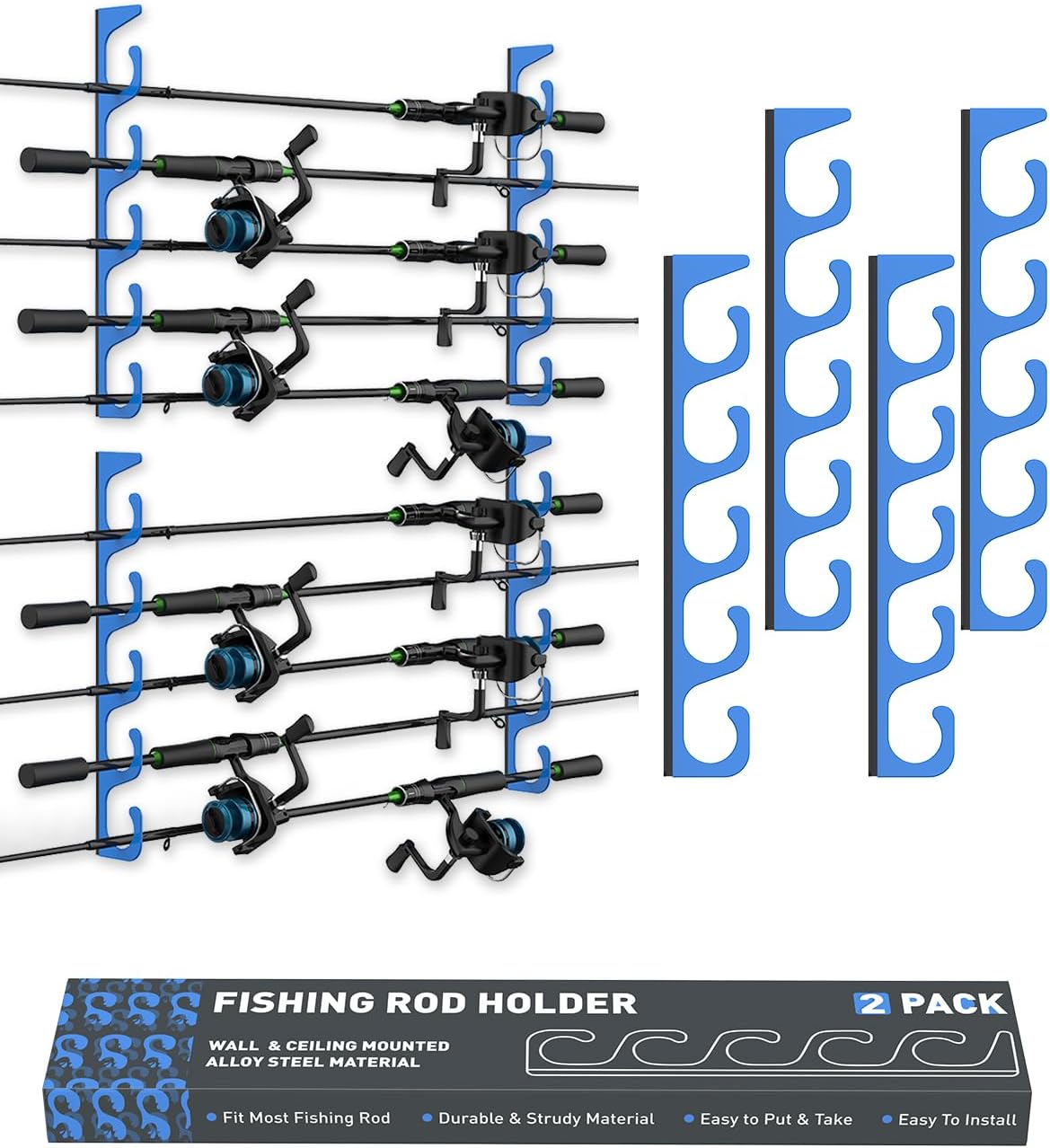 Fishing Pole Holders - 10-Rod Wall Storage Rack for Garage | Fits Most Fishing Rods