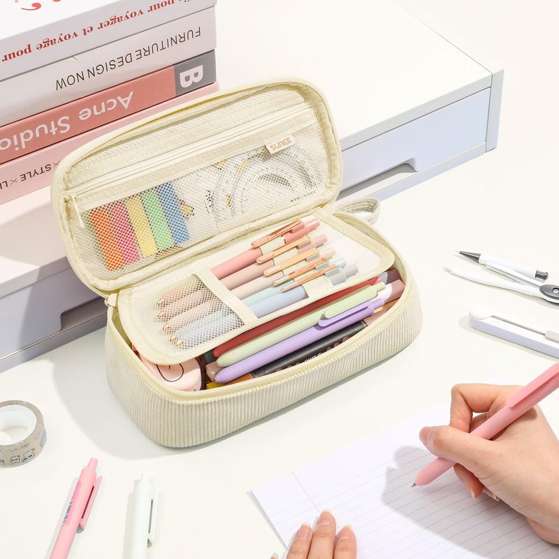 Cute Pencil Case - Large Capacity Aesthetic Zipper Pouch for Stationery | Soft Corduroy, Beige
