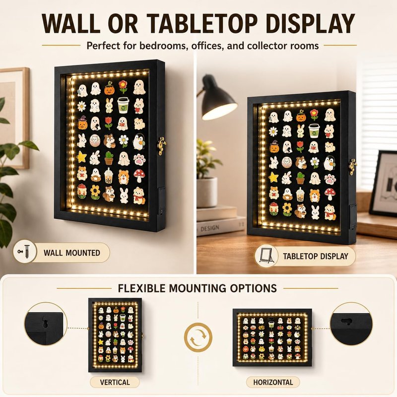 Light Up Pin Display Case - 12x16 Black Shadow Box Frame | Enamel Pin Holder for Wall or Tabletop