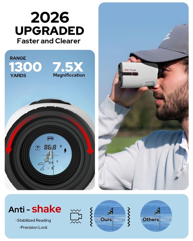 Golf Rangefinder with Slope, 1300 Yards Laser Range Finder Golf, 7.5X Magnification Flag Pole Locking Vibration Rechargeable Range Finders with Magnet Golf Accessories for Men Women Sightflag GF1