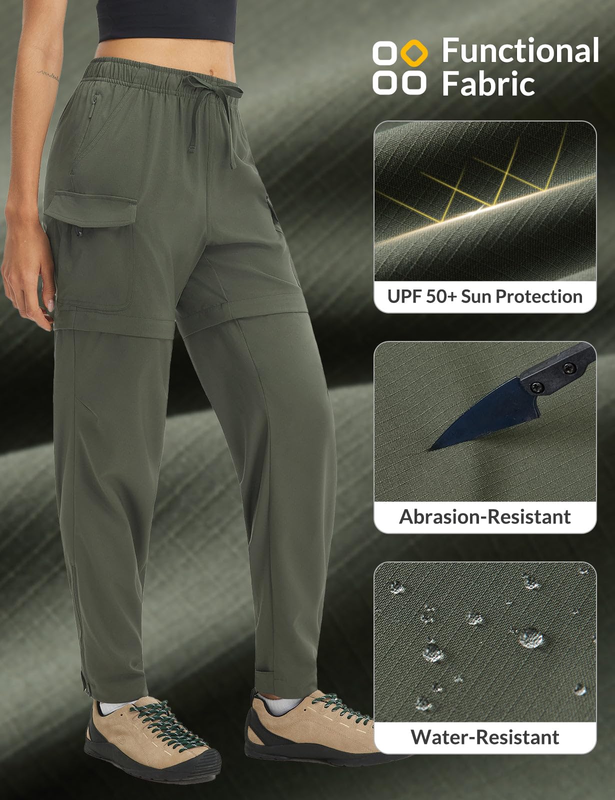 baleaf Women's Hiking Pants 29'' Convertible Zip-Off Pants Army Green L