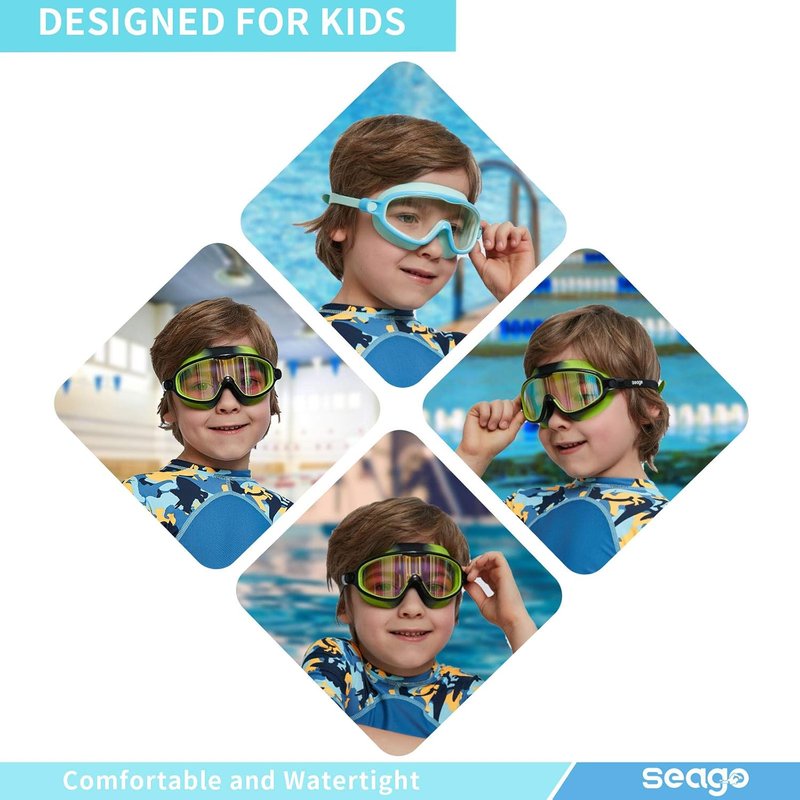 Seago Swim Goggles - Anti-Fog, UV Protection, Wide View | 2 Pack for Kids Ages 3-14