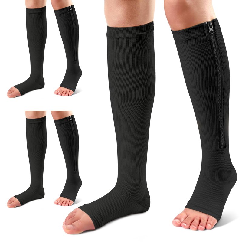 Ailaka 3 Pairs Compression Socks with Zipper, 15-20 mmHg Medical Knee High Compression Socks for Men Women, Open Toe Socks for Varicose Veins, Edema, Recovery(Black, L-Xlarge)