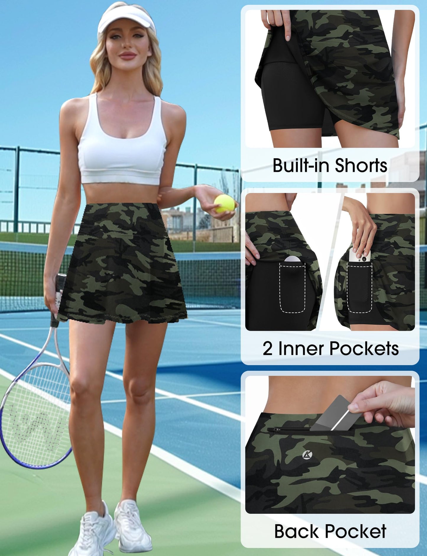 LouKeith Womens Tennis Skirt High Waisted Athletic Skorts Running Casual Pickle Ball Golf Skirts with Pockets Camo S