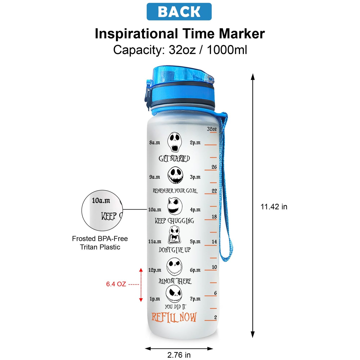 GEPOSTORE Nightmare 32oz Leakproof BPA-Free Jack Pumpkin Motivational Water Bottle with Time Marker - Fitness Sports Bottle with Strap - Perfect for Office, Gym, Outdoor - Halloween Themed