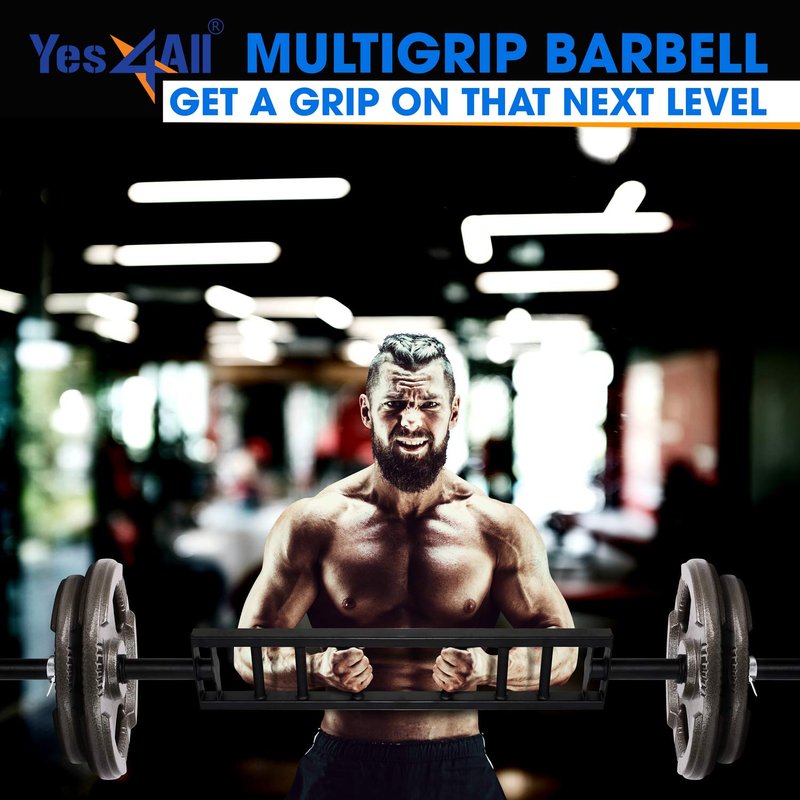 Yes4All Multi Grip Barbell - Swiss Bar, American Bar with 2 Collars, Fits Olympic Weight Plates - Commercial and Home Gym & Support Pressing, Lifting & Curls
