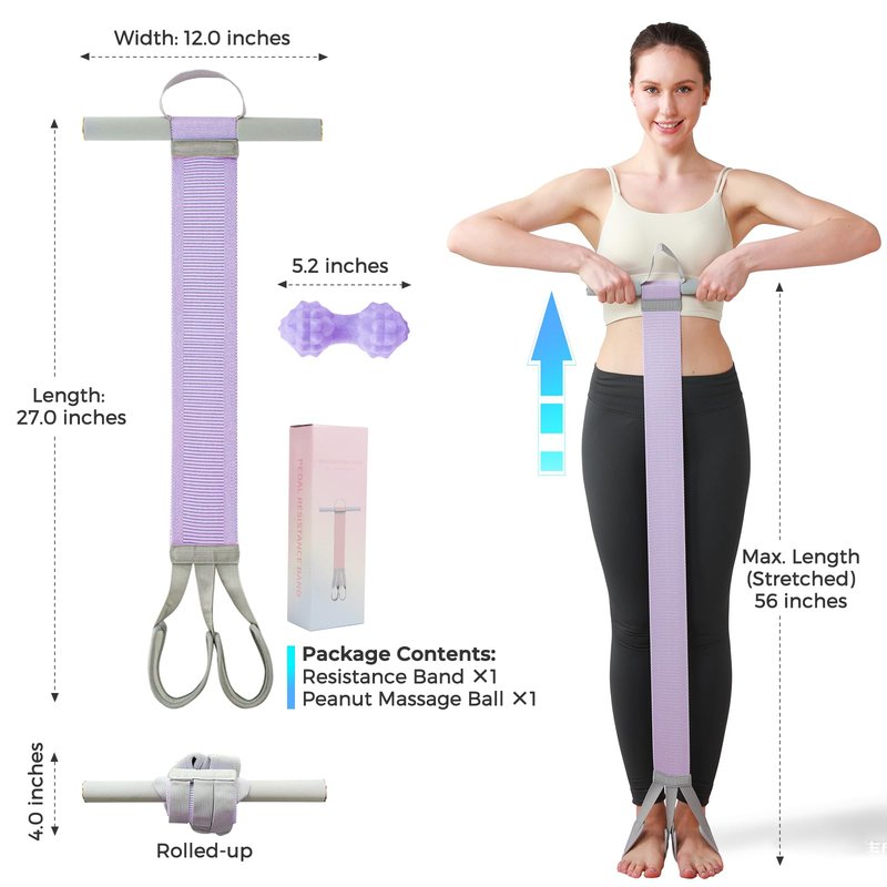 Resistance Band with Handles & Foot Loops – 120lb Full-Body Exercise Band for Home Workout | Padded Handles & Anti-Break Fabric | Ideal for Standing & Seated Stretches, Strength Training (Purple)