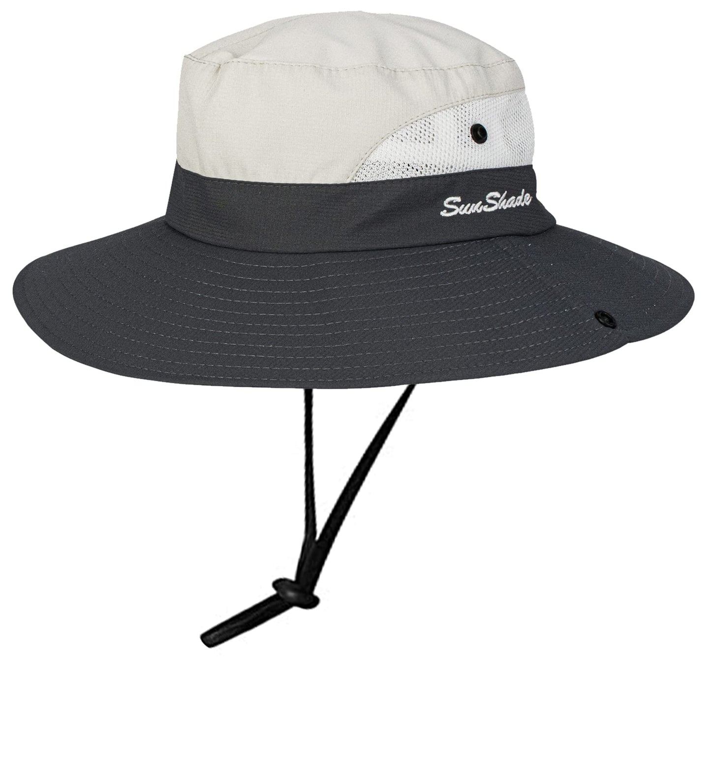 Women's Outdoor UV-Protection-Foldable Sun-Hats Mesh Wide-Brim Beach Fishing Hat with Ponytail-Hole Beige/Grey