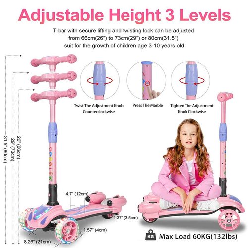 3 Wheel Scooter for Kids, Toddler Scooter with Bluetooth Music Speaker Steam Sprayer LED Lights Aluminum Alloy T-Bar, Ideal Gift for Boys Girls Ages 3-10 (Pink)