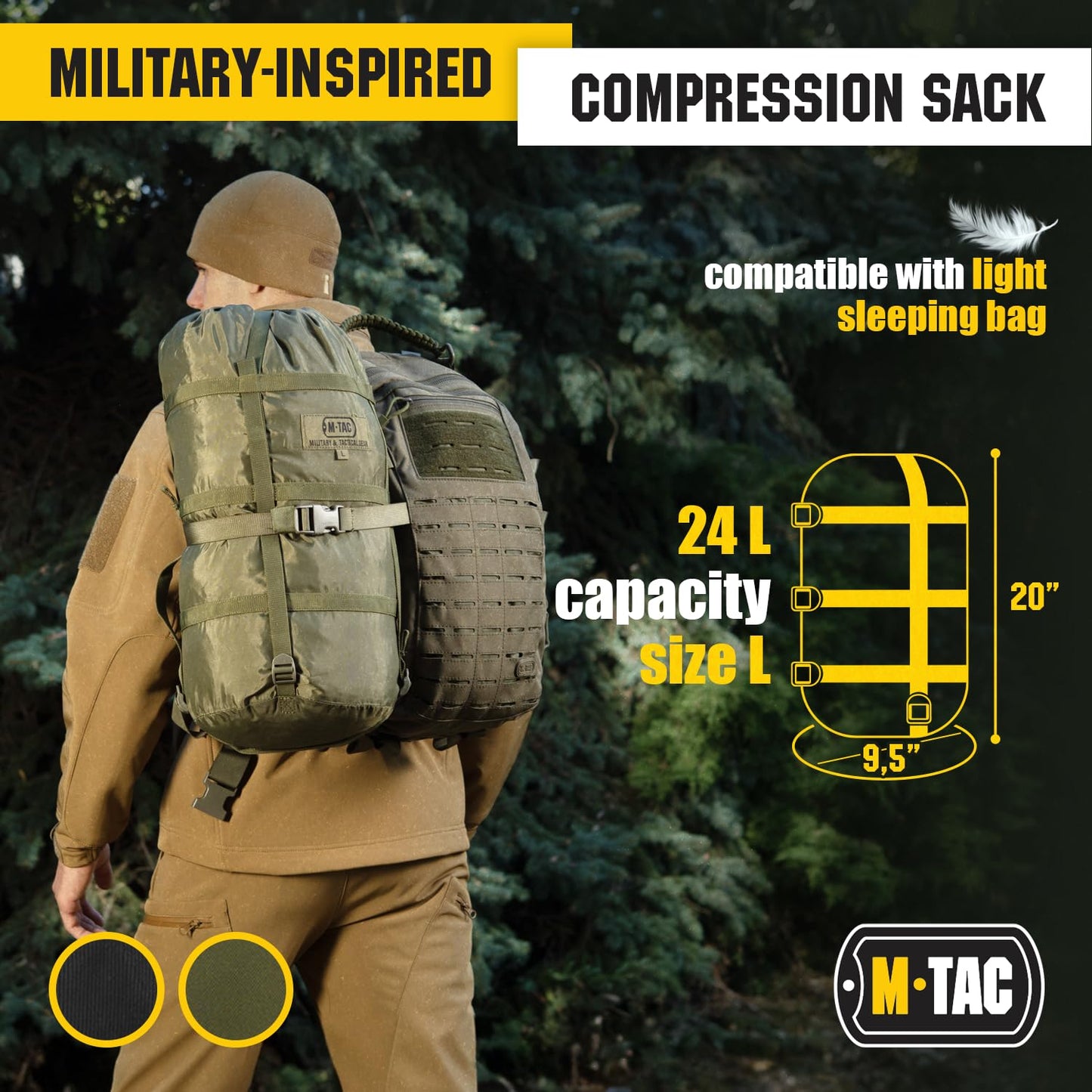 M-Tac Compression Stuff Sack for Sleeping Bag Military Water Resistant Compression Bag Lightweight Nylon Compression Sack for Travel, Camping, Hiking, Outdoor (Olive, L - 24 Liters)