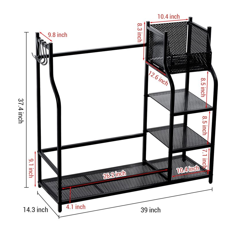 MyGift Golf Bag Stand for Garage, Black Metal Extra Large Golf Garage Storage Organizer with 4 Shelf Ball Holder, Shoe Organizer, and 5 Hook Hanger, Golf Accessories Gift for Men