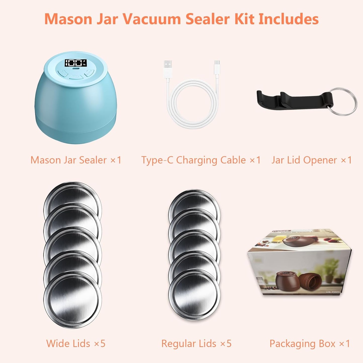 Electric Mason Jar Vacuum Sealer Kit - Automatic Food Storage & Fermentation | Includes 10 Lids, Blue