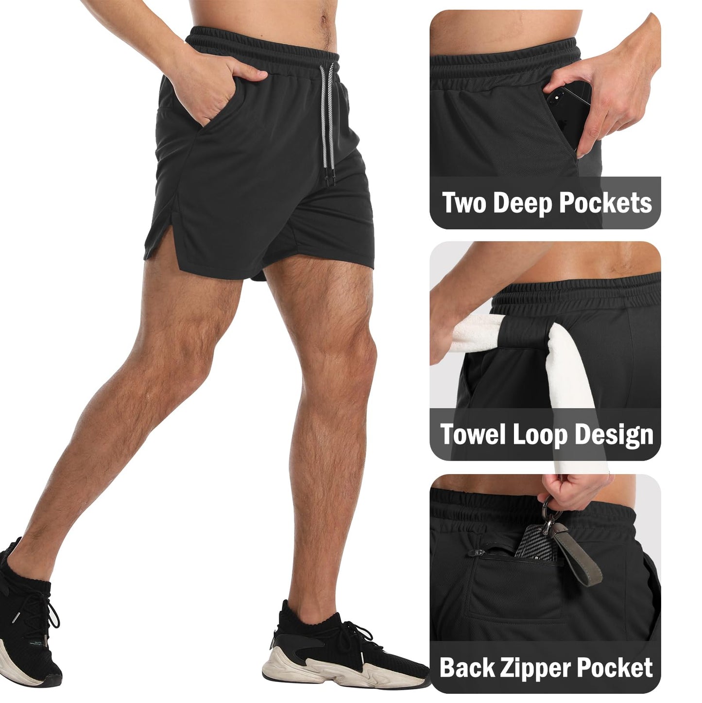 Aolesy Men's 2 Pack Gym Workout Shorts 5 Inch Lightweight Bodybuilding Athletic Shorts Running Training with Zipper Pockets & Towel Loop