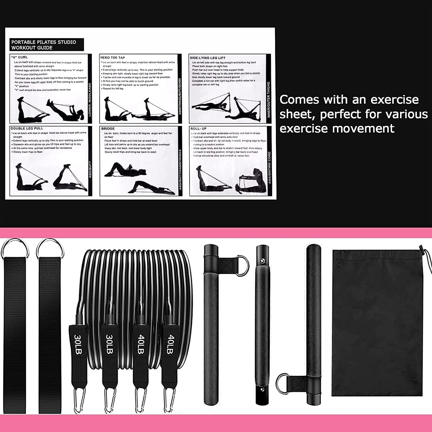 Pilates Bar Kit with Resistance Bands(4 x Bands),3-Section Pilates Flexbands Kit Workout Equipment for Legs,Hip,Waist and Arm,Fitness Equipment for Women & Men Home Gym Yoga Pilates Black