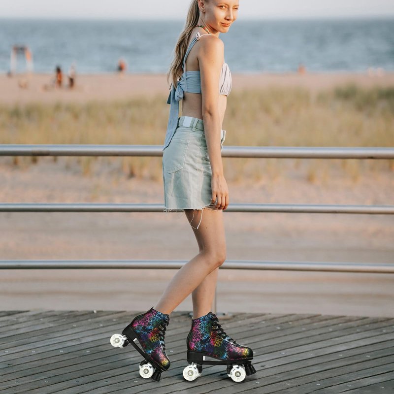 Women's Roller Skates Light Up Wheels, Leather Adjustable Double Row Rolling Skating Illuminating Derby Skate Illuminating for Teens and Youth (Lightning Black Flash Wheel,41)