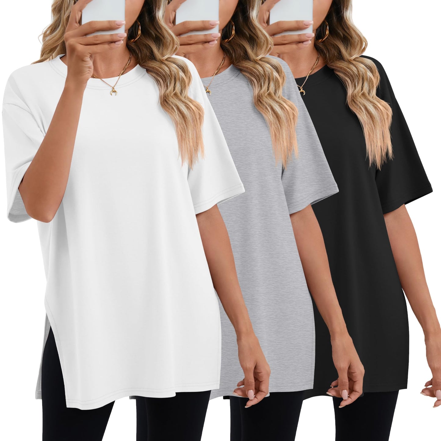 Huukeay 3 Pack Women's Oversized Workout T Shirts Short Sleeve Loose Fit Gym Tops Crewneck Casual Summer Basic Tees(L,Black, White, Gray)