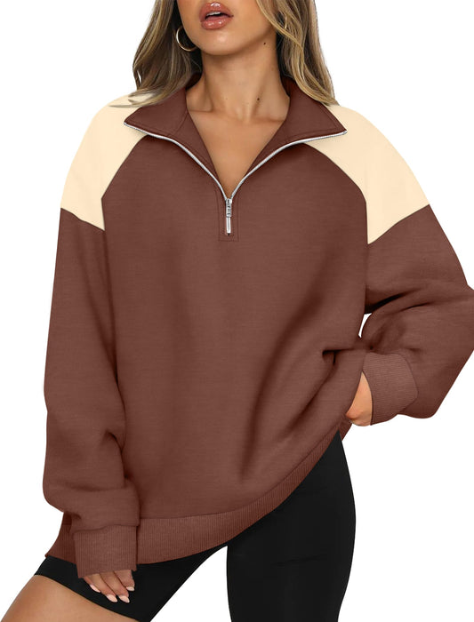 WIHOLL Womens Fall Fashion 2024 Half Zip Oversized Sweatshirts For Women Quarter Zip Workout Pullover Fleece Hoodies Soft Sweaters Y2K Winter Clothes Jacket Coffee L