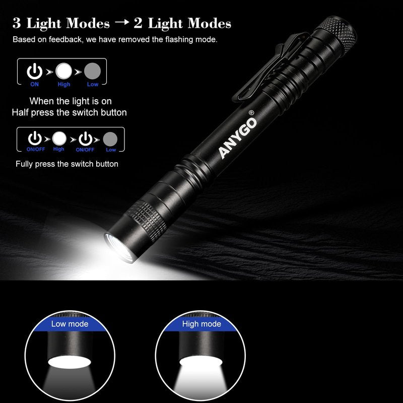 ANYGO Rechargeable Pen Light Flashlight, High Lumens Pocket Flashlight with Clip, 2 Modes Waterproof Small Flashlights, LED Mini EDC Tactical Flash Light for Inspection, Work, Repair