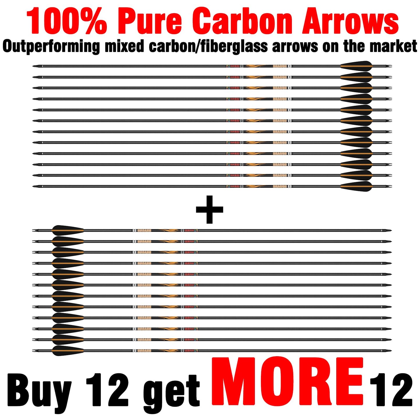 sanlida Dragon 8 100% Pure Carbon Hunting Arrows, 32" Ready-to-Shoot Arrows with Inserts, ±0.006" Straightness, 10-Spine Options, for Compound & Recurve Bows, 24 Pack (290 Spine)