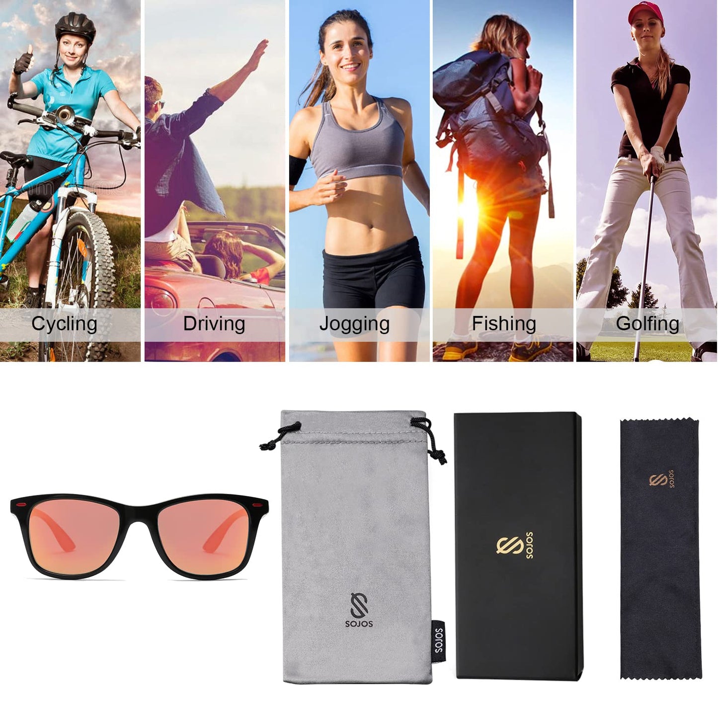 SOJOS Polarized Sports TR90 Sunglasses for Running Cycling Fishing Golf Driving SJ2101 with Black Frame/Red Mirrored Lens