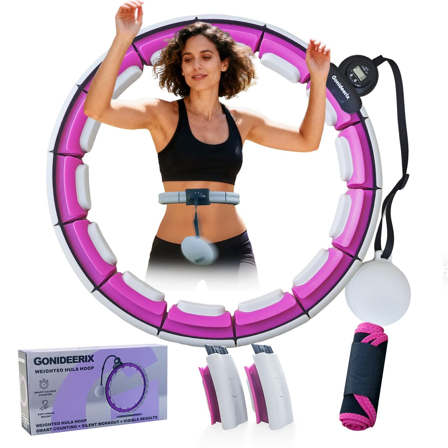 Gonideerix Infinity Smart Hula Hoop, Adjustable 24''-41'', Weighted Fitness Hoop for Exercise, Core Training, Weight Loss & Fat Burning, Indoor Cardio with LED Counter(Pink)