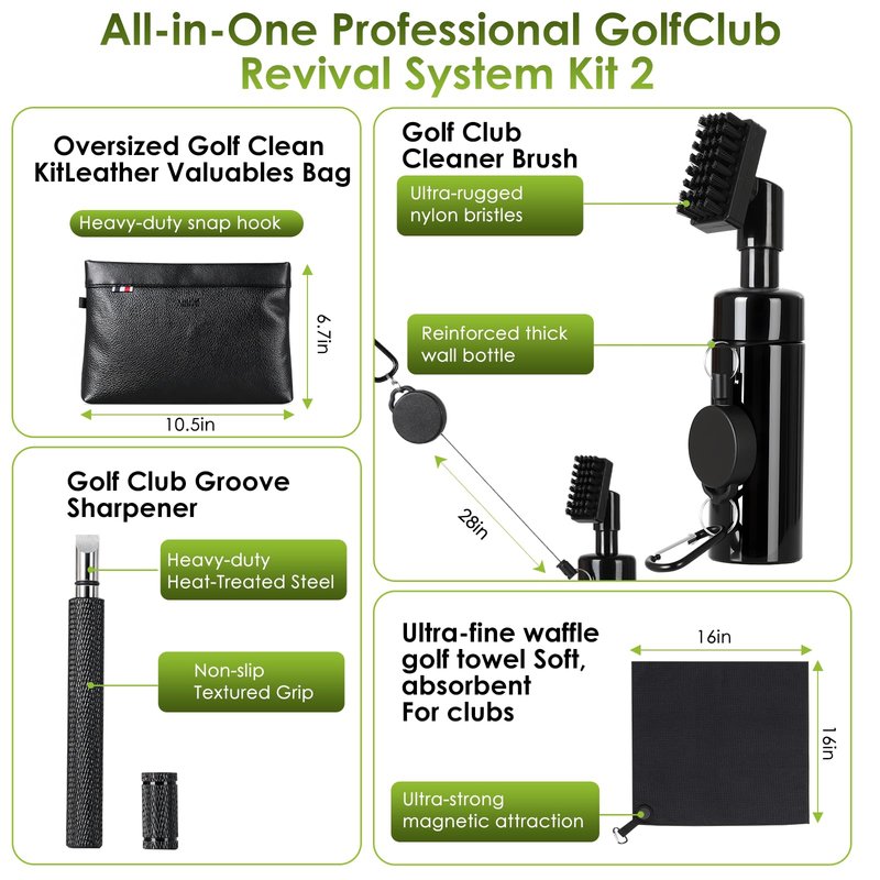 7-in-1 Golf Club Cleaning Kit - Club Cleaner, Grip Cleaner, Polish, Water-Spray Brush, Groove Cleaner, Magnetic Towel & Portable Bag | Restores Clubs, Removes Rust/Scratches, Renews Tackiness