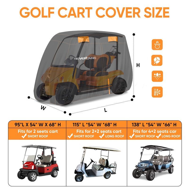 NEVERLAND Golf Cart Cover 4 Passenger, Heavy Duty 420D Golf Cart Covers, Waterproof Club Car Golf Cart Cover with Zipper Doors Compatible with EZGO Yamaha Club Car 4 Seat (Up to 115 Inch)