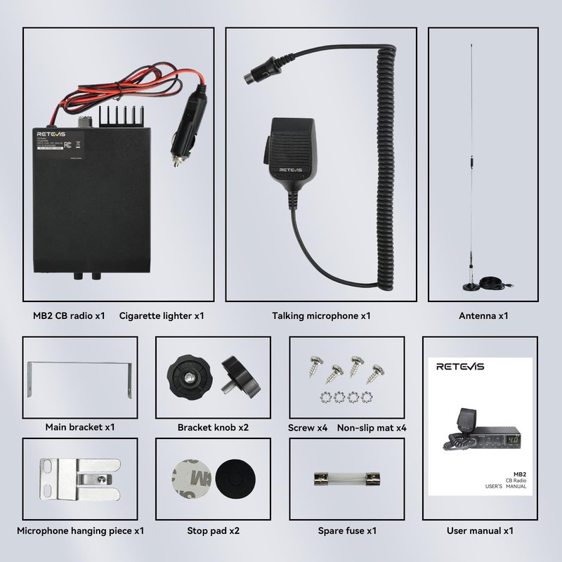 Retevis MB2 40-Channel AM/FM CB Radio Kit, Long Range Radio with Antenna for Trucker Stop, Emergency Channel 9/19, VOX, Easy to Use, with Cigarette Lighter Fixed-Mount