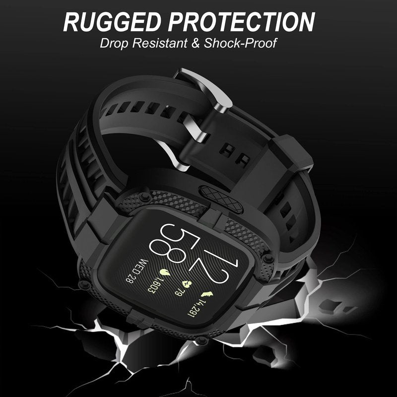 GELISHI Compatible for Fitbit Versa 2 Bands All Round Protective Case Rugged Sport Band Wristbands for Men Women Black