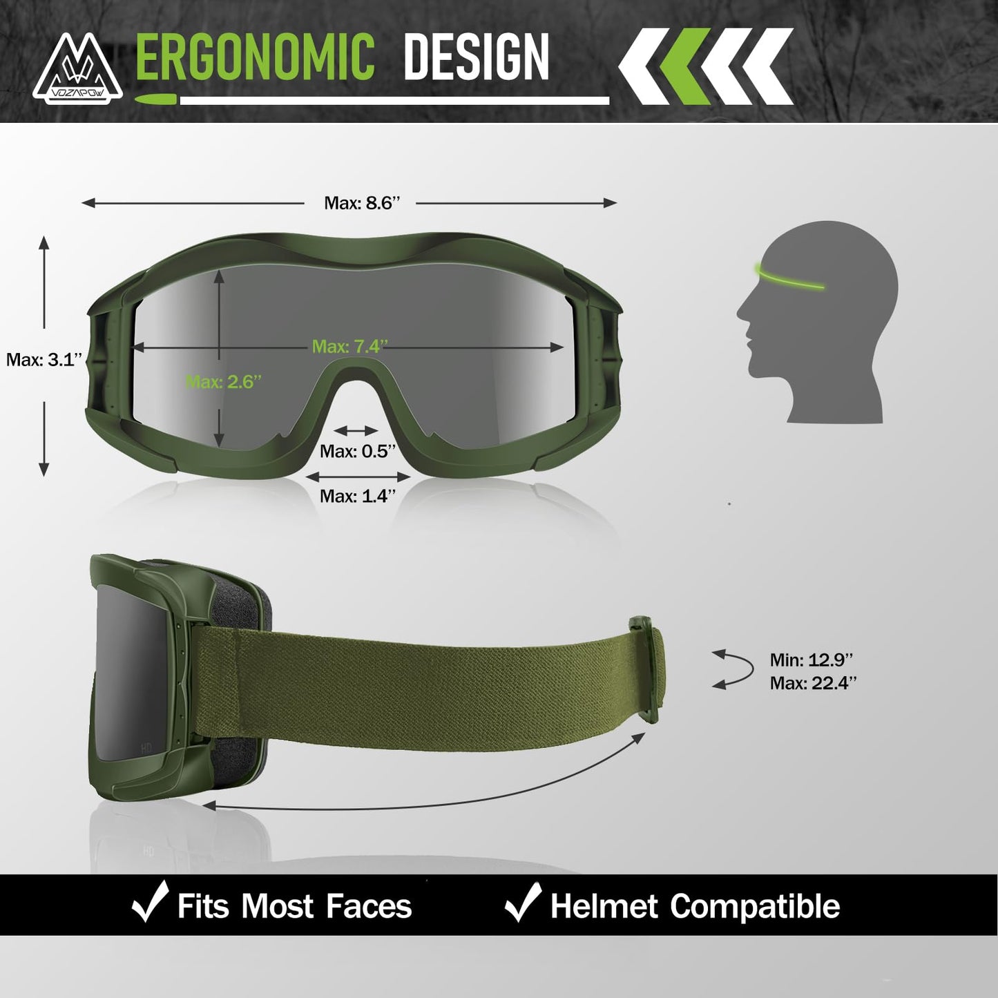 VOZAPOW Airsoft Goggles Anti Fog with ANSI Z87.1 Certified, Safety Goggles Impact Resistant, Tactical Shooting Glasses