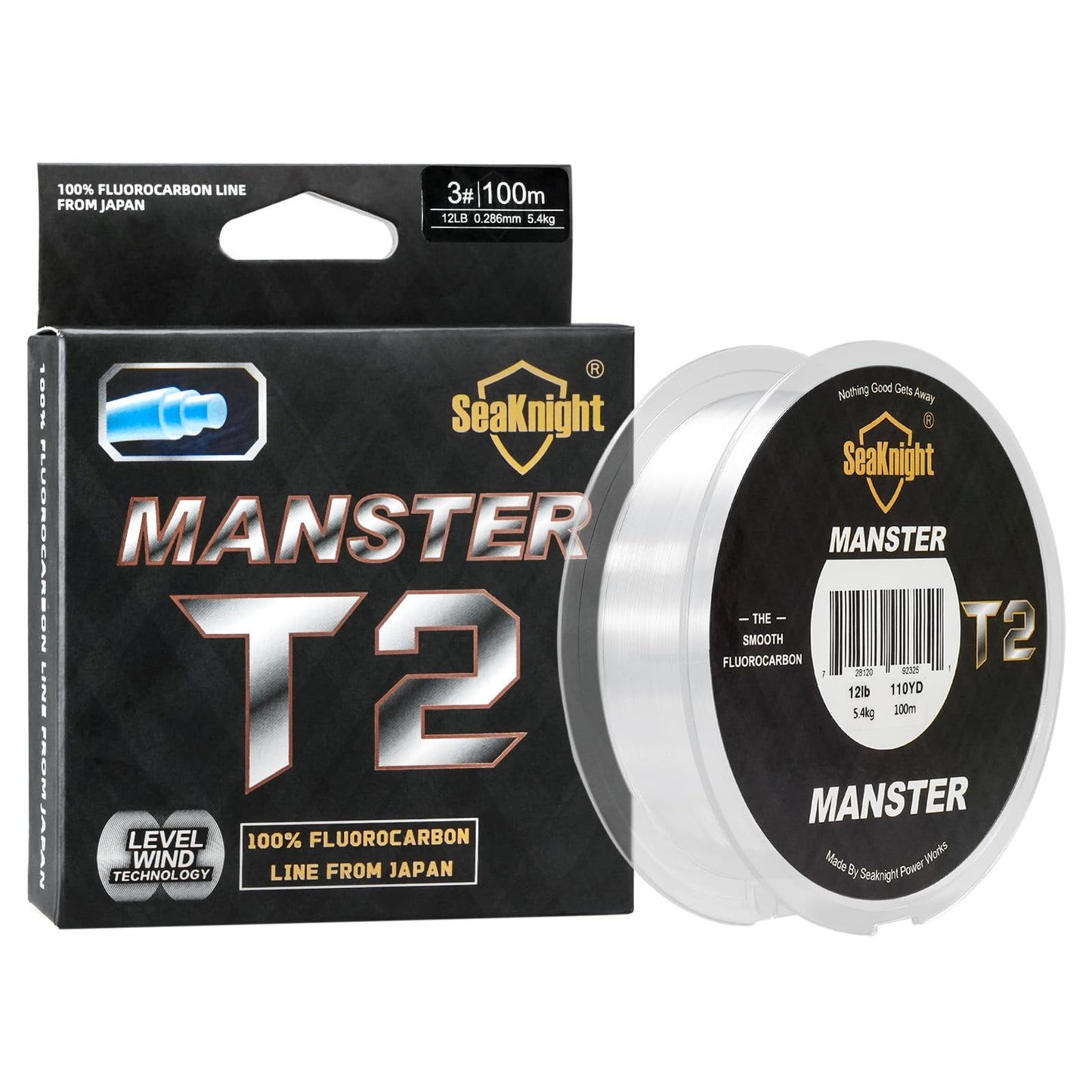 SeaKnight T2 100% Fluorocarbon Fishing Line, 110YD Japanese Material Leader Line, Low Visibility High Strength Abrasion Resistant for Saltwater Freshwater Fishing (3-35LB)