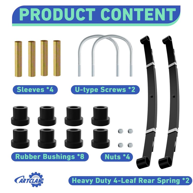 CartClan Golf Cart Heavy Duty 4-Leaf Rear Spring Kit Suitable for 2004-up Club Car Precedent Golf Cart, with Bushings Spacers & U Bolts, Replaces OEM# 102544901, 1012180, 1015583, 102506401