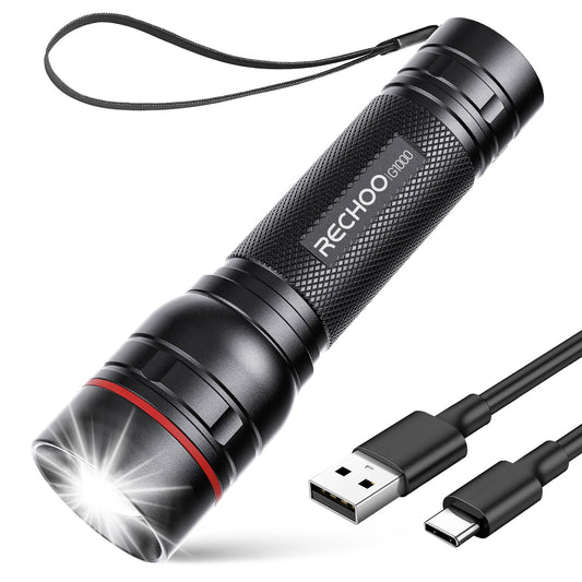 RECHOO Rechargeable Flashlights High Lumens, G1000 Super Bright Flash Light, Small Zoomable Led Flashlight with 3 Lighting Modes, Portable Tactical Flashlights for Camping (Battery Included)