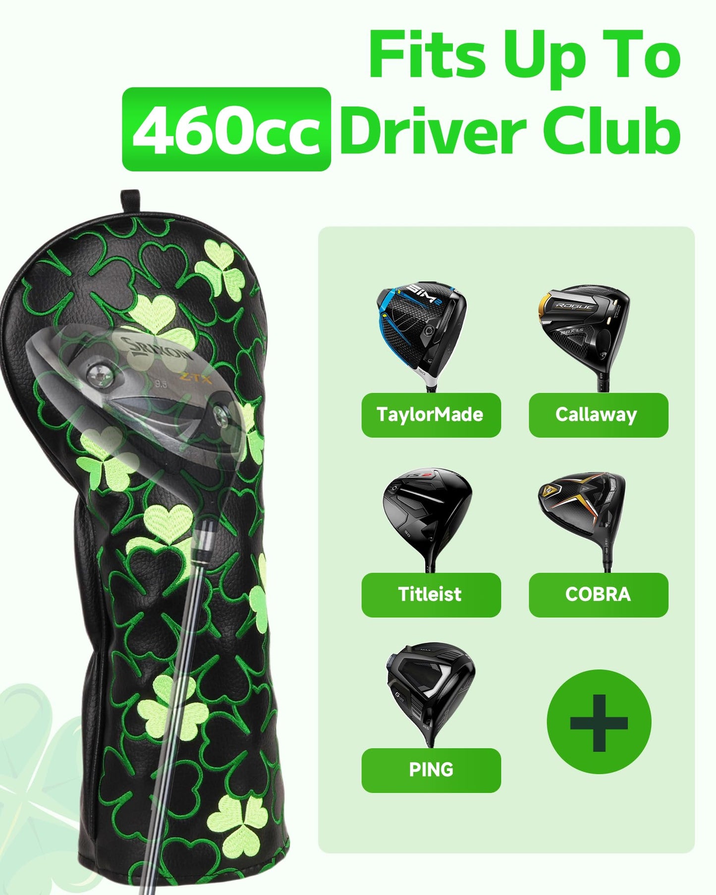 Big Teeth Golf Irish Luck Driver Headcover St. Patrick’S Day Driver Cover Black Driver Head Cover Lucky Clover Golf Driver Head Covers Green Shamrock