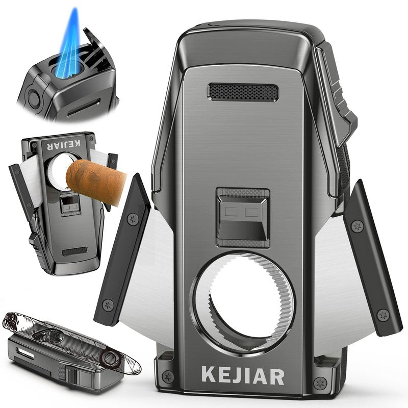 KEJIAR Cigar Lighter, Double Jet Torch Lighter, Built-in Punch, Double Edge Cigar Cutter and Holder, Refillable Butane Lighter, Ideal Cigar Accessories for Men Gift (Grey)