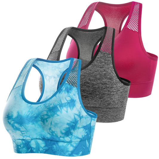 Sports Bras for Women Medium Impact Support Workout Racerback Seamless Gym Activewear Running Fitness Yoga Bra (Blue+Grey+Rose, Small)