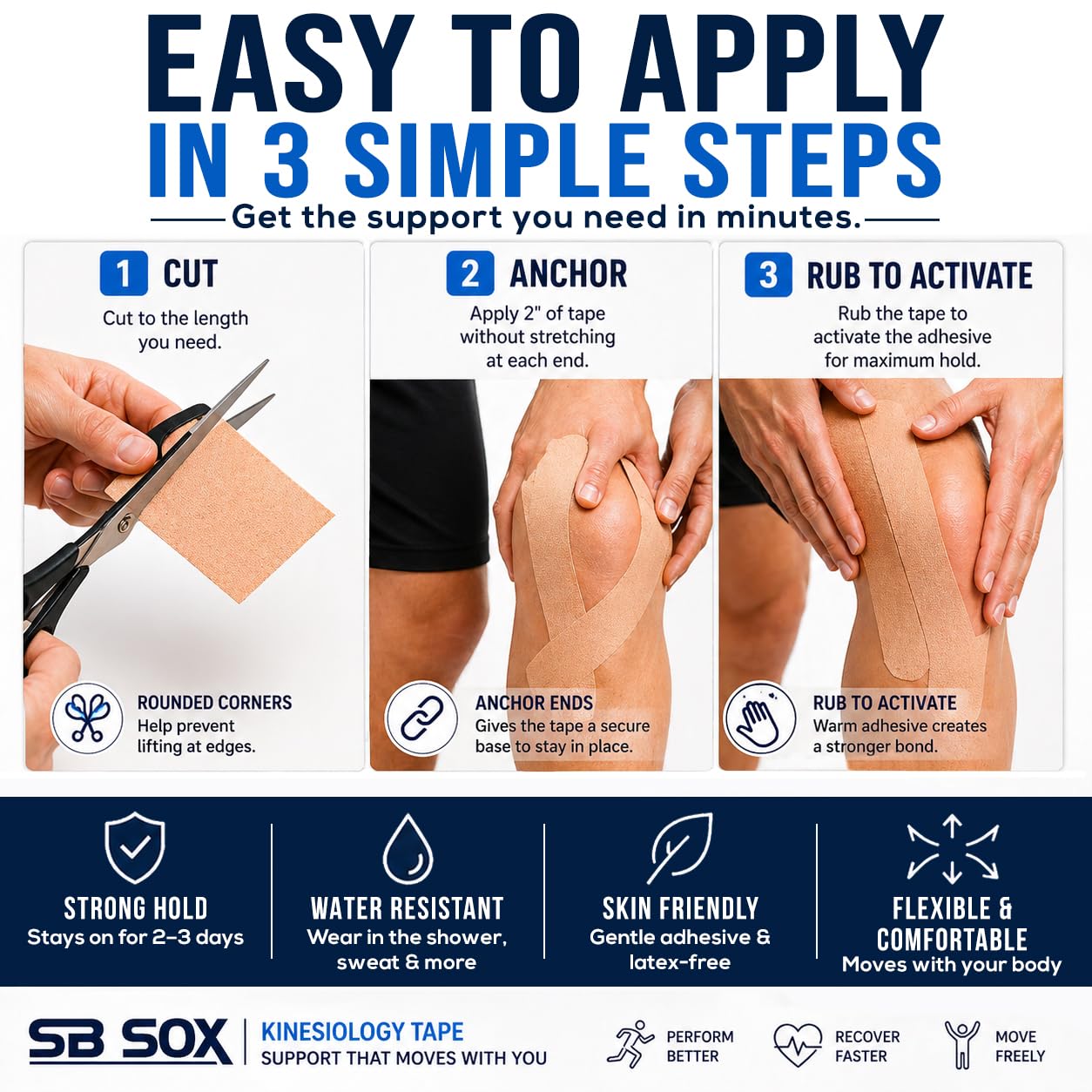 SB SOX Original Cotton Kinesiology Tape Roll – Best Latex Free Athletic Tape for Muscles/Joints – Waterproof, Stretchy, and Gentle on Skin (16ft)