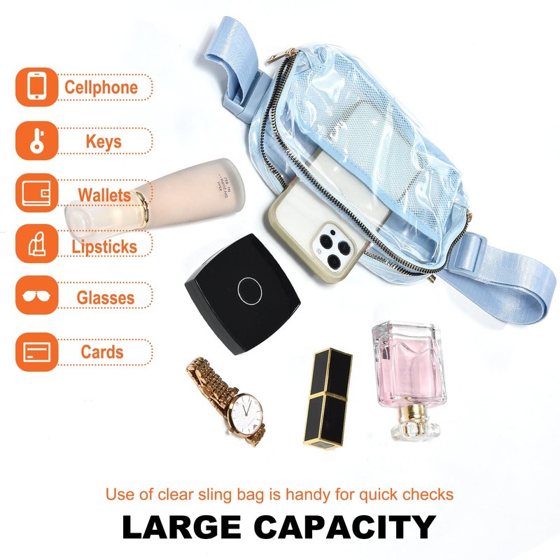 Clear Bag for Stadium Events, Clear Fanny Pack for Women, Stadium Crossbody Purse with Adjustable Strap, TPU Waist Pack for Concerts Sports Travelling Hiking Running (Blue)