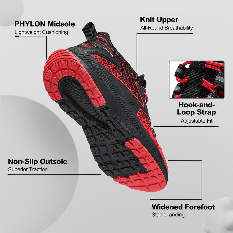 ARTOPEAK Wide Toe Box Kids Slip-On Sneakers with Arch Support Lightweight Orthopedic Athletic Tennis Shoes for Youth Big Boys Cushioned Running,Walking & Flat Feet Black/Red Size 6