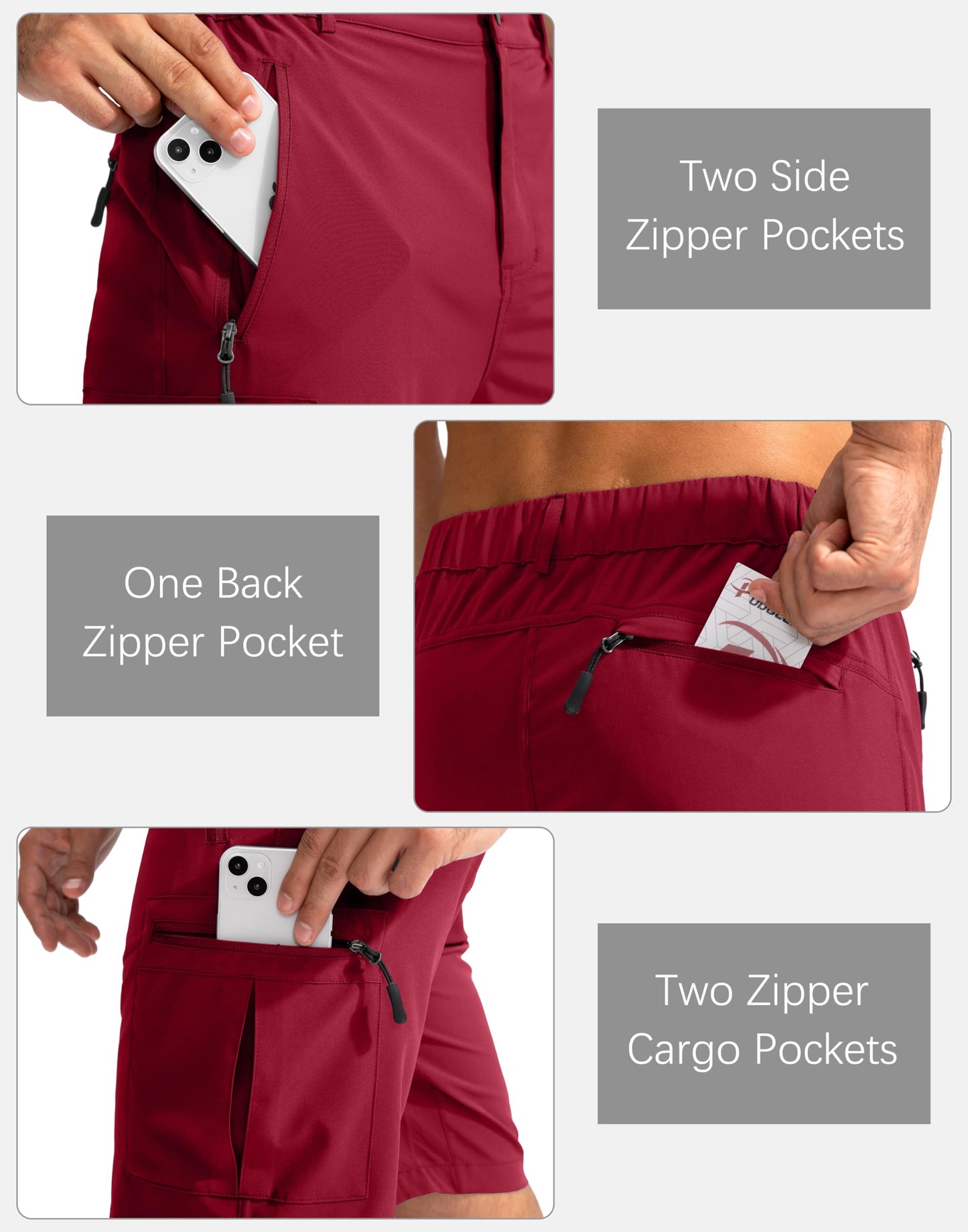 Pudolla Men's Hiking Cargo Shorts 9" Lightweight Outdoor Work Shorts for Men Travel Golf Camping Casual with 5 Zipper Pockets(Red X-Large)