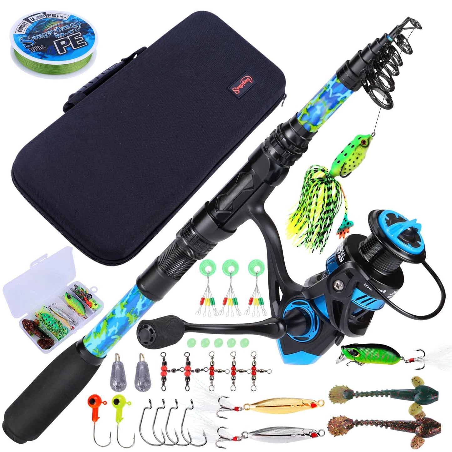 Sougayilang Telescopic Fishing Rod and Reel Combo – Full Kit with Carrier Bag, 11+1 Bearings Spinning Reel, Carbon Fiber Travel Pole for Bass, Trout, Catfish, Redfish – Saltwater Freshwater