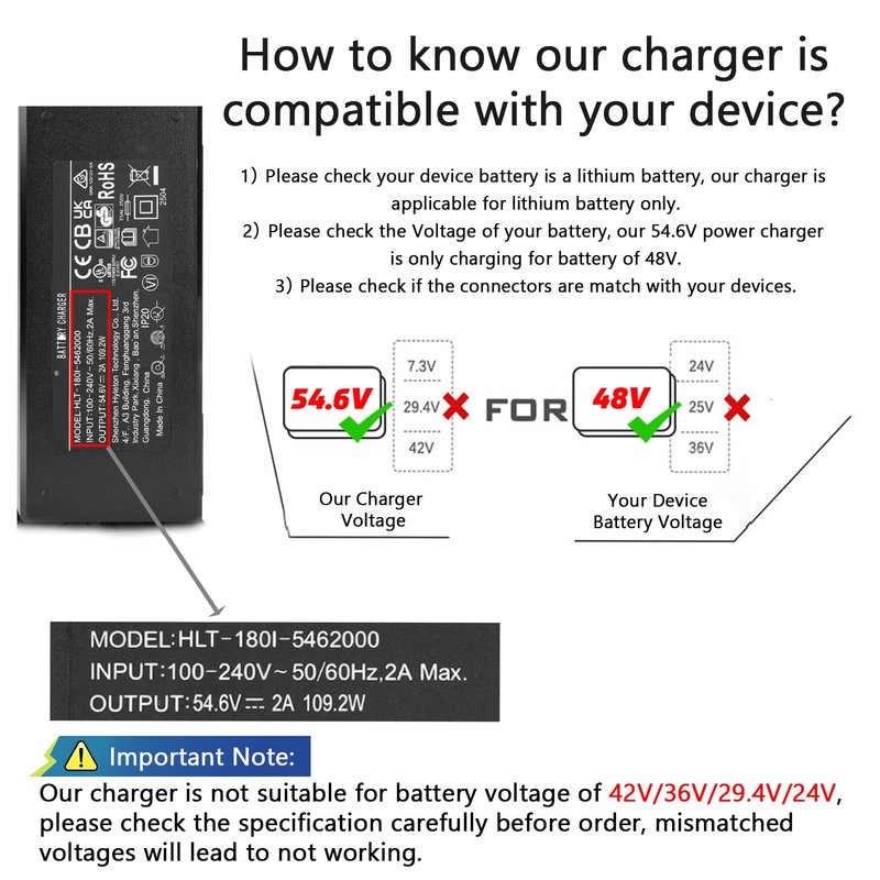 Panamalar 54.6V 2A Electric Bike Charger for 48V E-Bike Lithium Battery, Electric Scooter Power Charger, 3 in 1 Universal Power Adapter Plug for DC Connector with 2.5/2.1mm|8mm 3-Prong|12mm 1-Prong