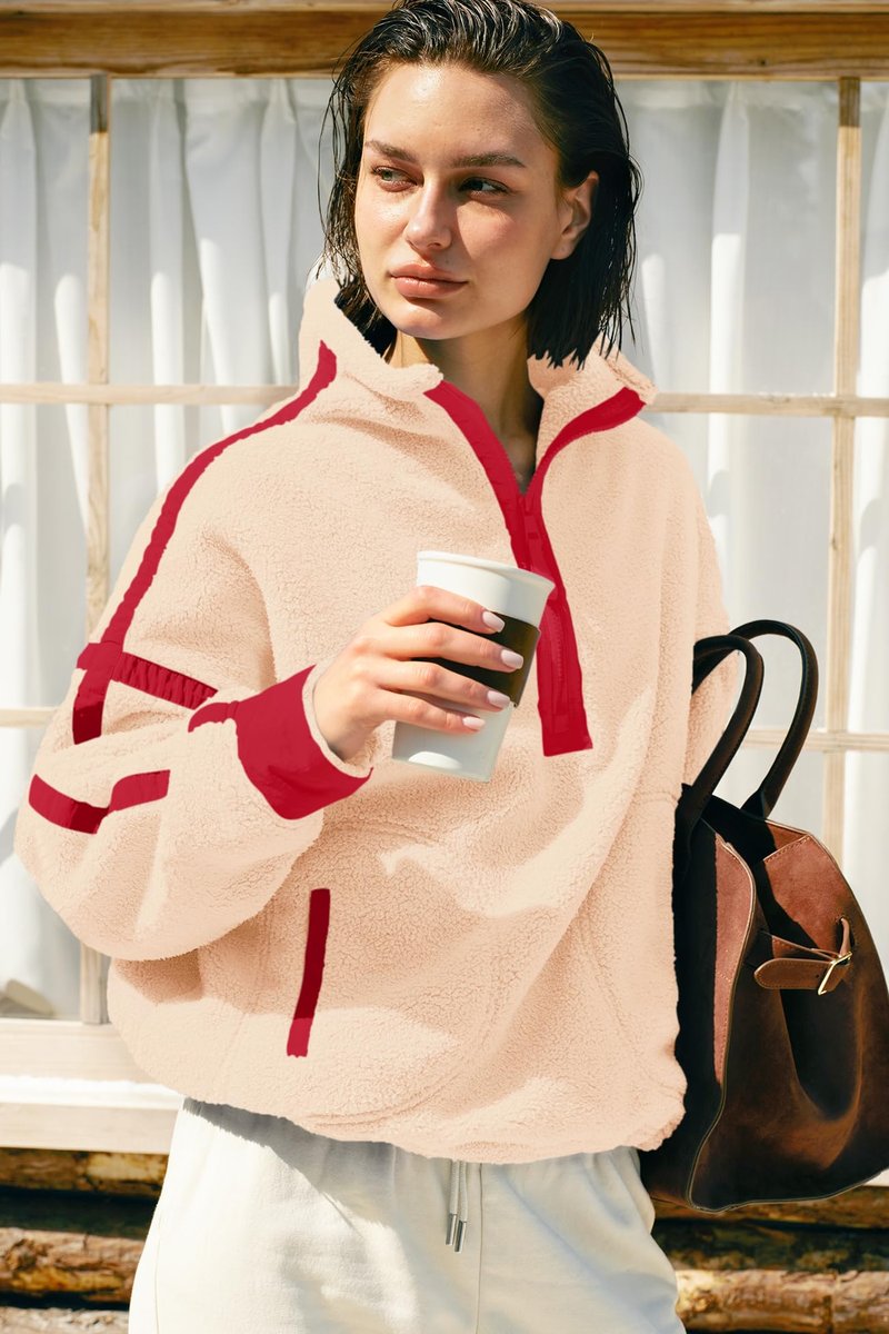 Panadila Womens Half Zip Fleece Pullover Sherpa Jacket Fuzzy Sweater Cozy Sweatshirt with Pockets Winter (Beige Red Combo,M)