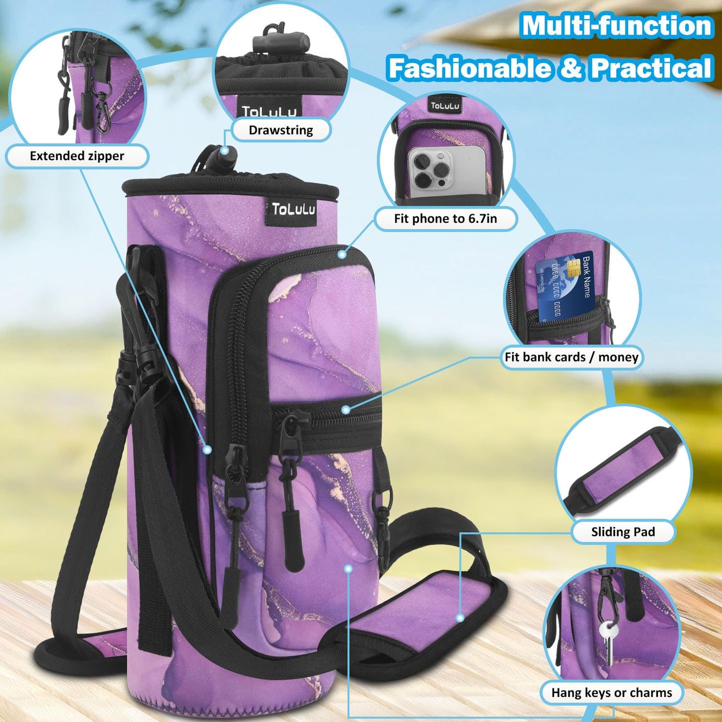 ToLuLu Water Bottle Carrier Bag 25/32/40oz with Pocket, Insulated Neoprene Adjustable Shoulder Strap Water Bottle Pouch Case, Crossbody Water Bottle Holder Sling Sleeve for Kids Adults,Purple Marble