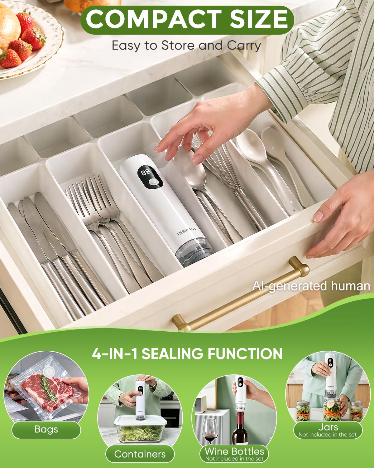 INSMART Compact Vacuum Sealer for Food (Vacuum Sealer Machine + 30 Reusable Vacuum Bags), Powerful Handheld Vacuum Sealer Machine with Visible Water Tank, LED Display & Portable