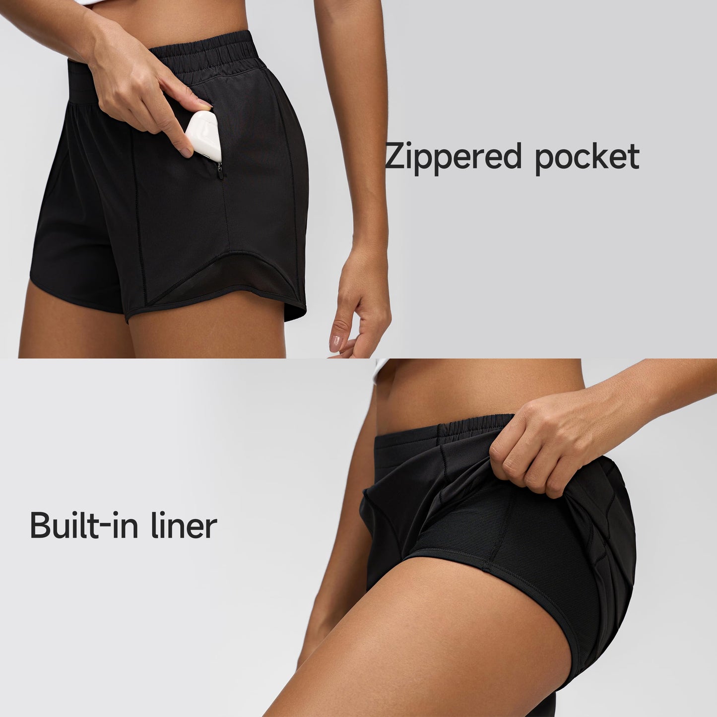 MCEDAR Women's Low Waisted Running Shorts 4" with Mesh-Lined Active Workout Quick Dry Gym Athletic Sports Short Zip Pocket Black/S