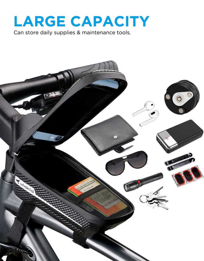 whale fall Bike Frame Bag Waterproof, 3D Eva Hard Shell, Bike Phone Holder, Bicycle Top Tube Bag, Cycling Pouch with Rain Cover, Bike Accessories for Phones Under 7"